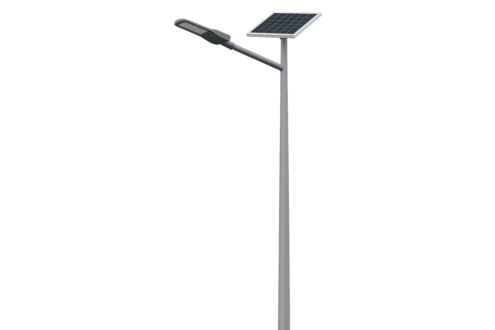 Solar powered street light pole with integrated LED luminaire for roads and outdoor lighting.
